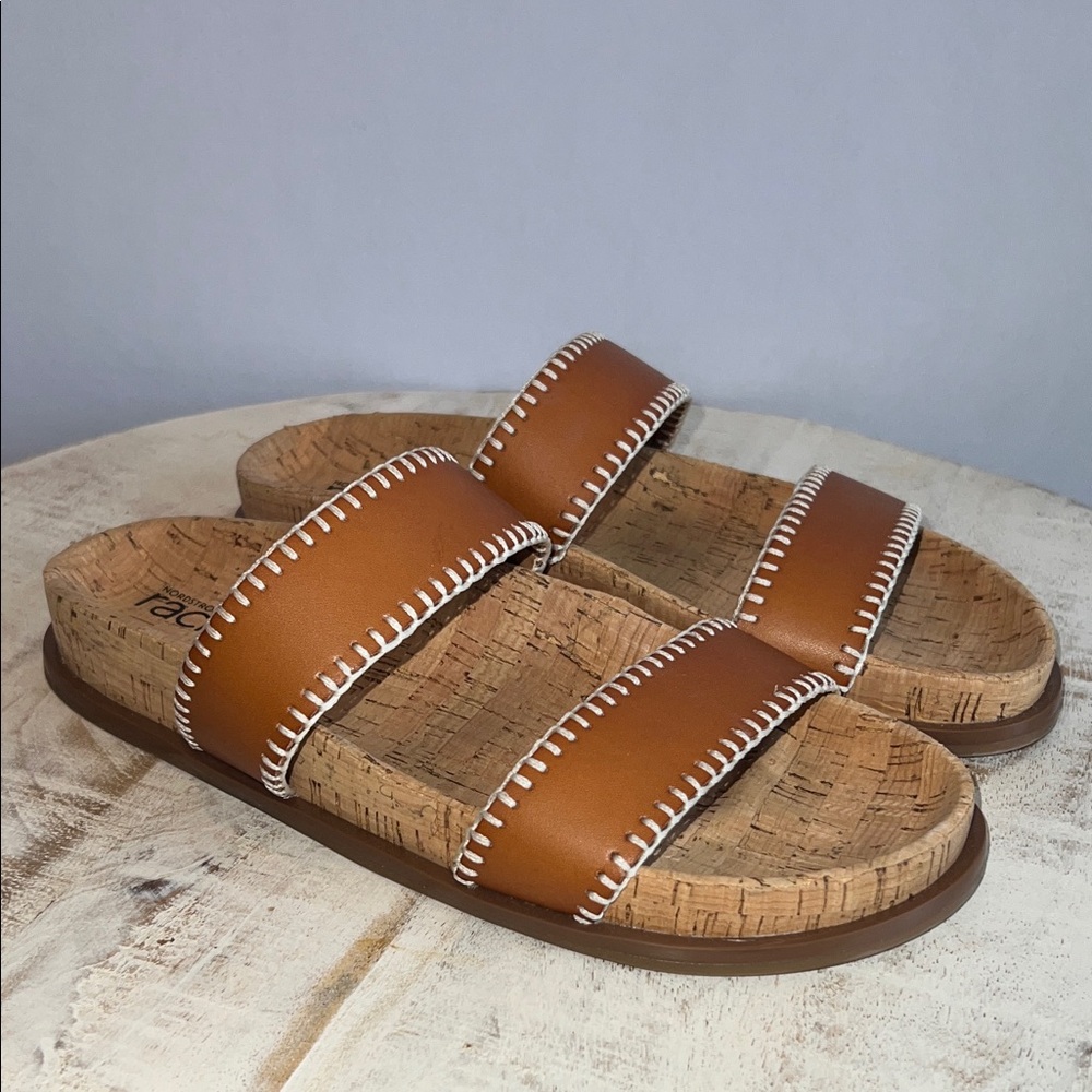 Brown Cork Sandals with White Stitching